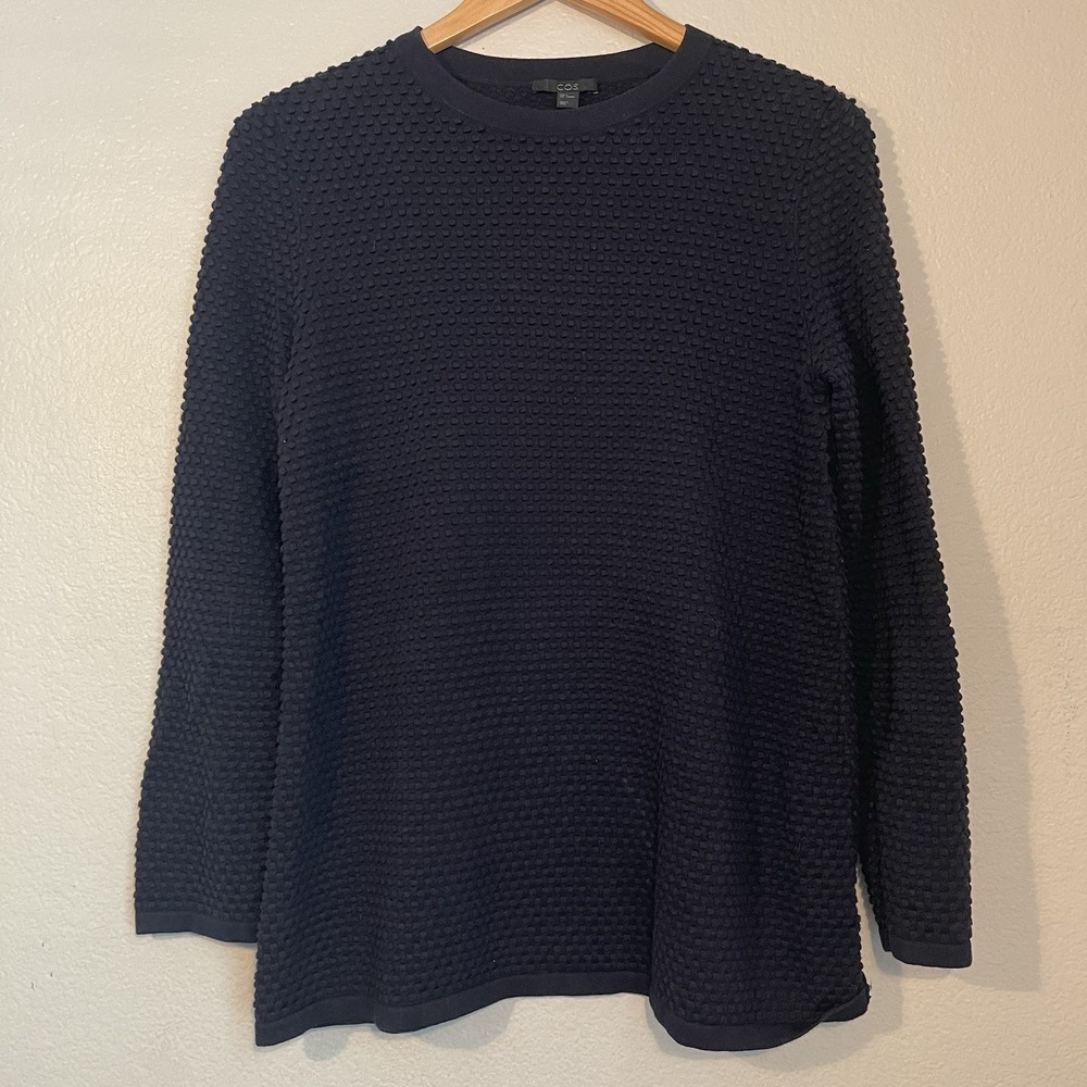 COS Womens Small Navy Blue 100% Cotton Textured Squares Crew Neck Sweater